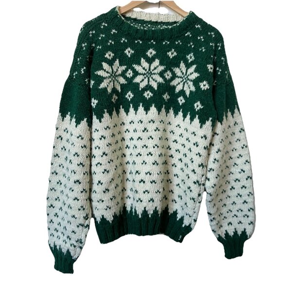 Vintage Handmade Fair Isle Nordic Sweater Pullover Green White Knit - Picture 1 of 5